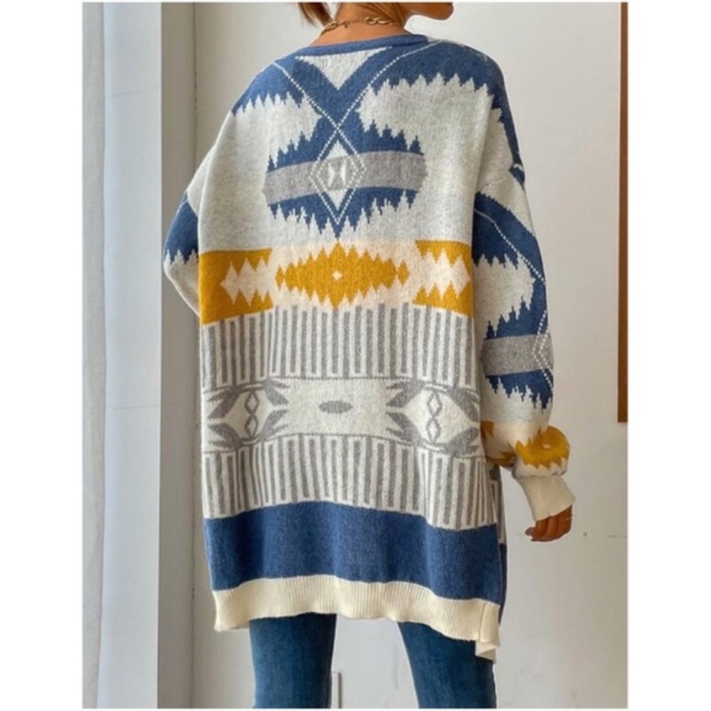 018 Blue Mustard Tribal Print Open Front Oversized Cardigan - Picture 2 of 3
